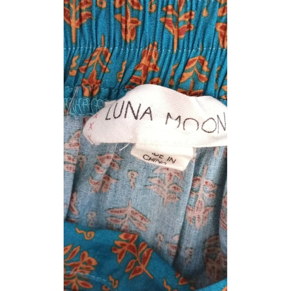 Luna Moon Blue Brown Floral Cotton Boho Long Skirt Lace Tiered Elastic Waist M